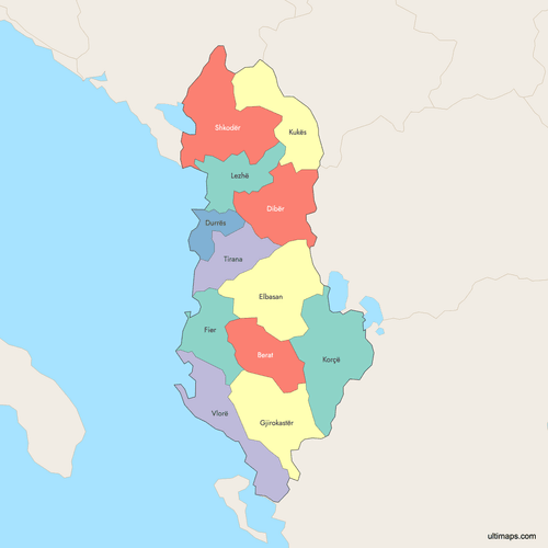 Preview of Colored Map of Albania Counties with Surrounding Areas