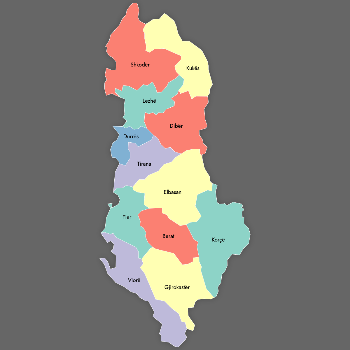Custom Map of Albania Counties with Labels (Dark Theme)