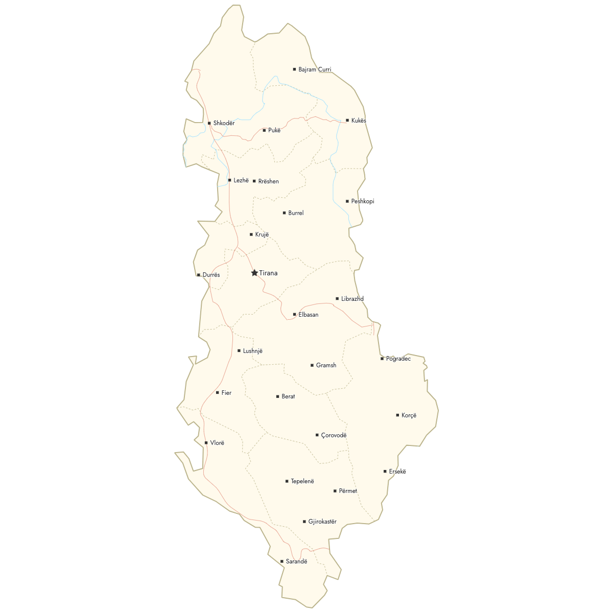Custom Map of Albania Counties with Cities