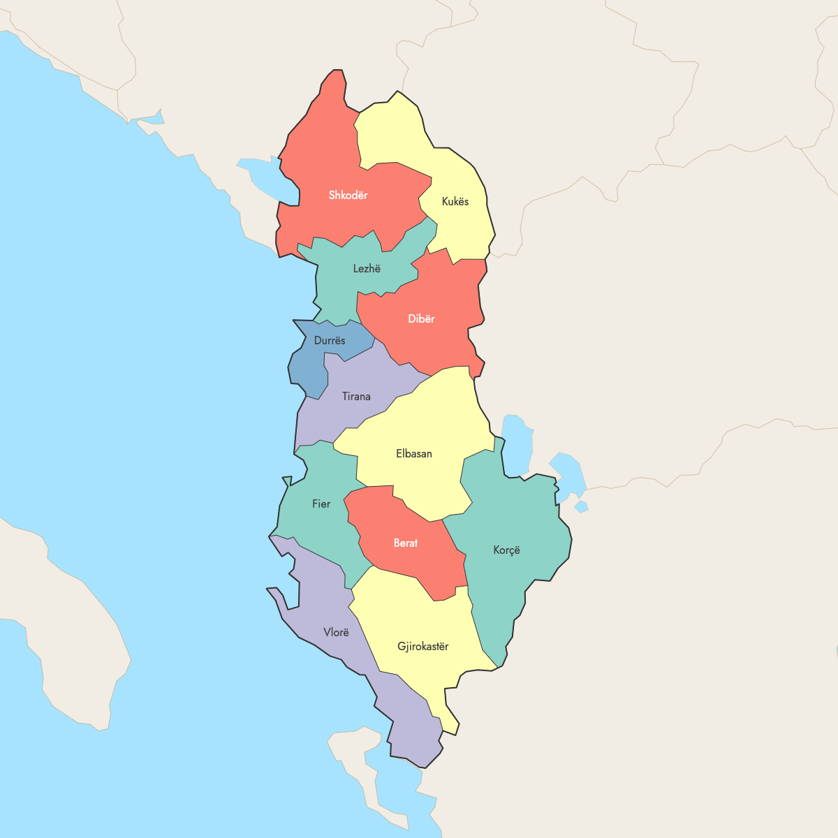 Custom Map of Albania Counties with Surrounding Areas