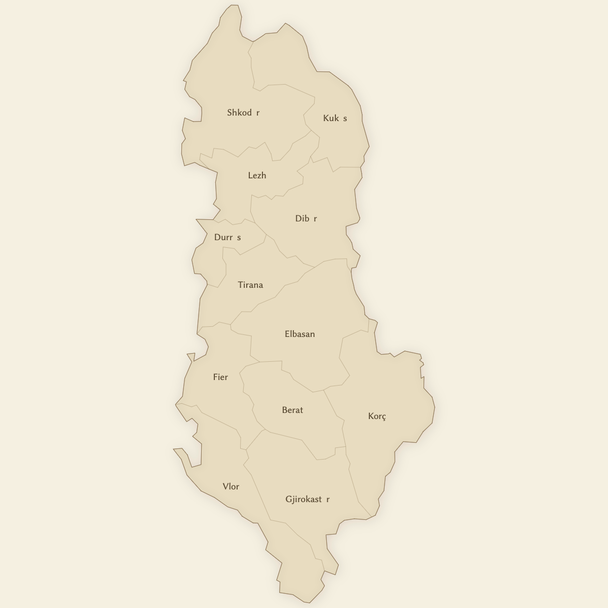 Styled Map of Albania Counties (Vintage Theme)
