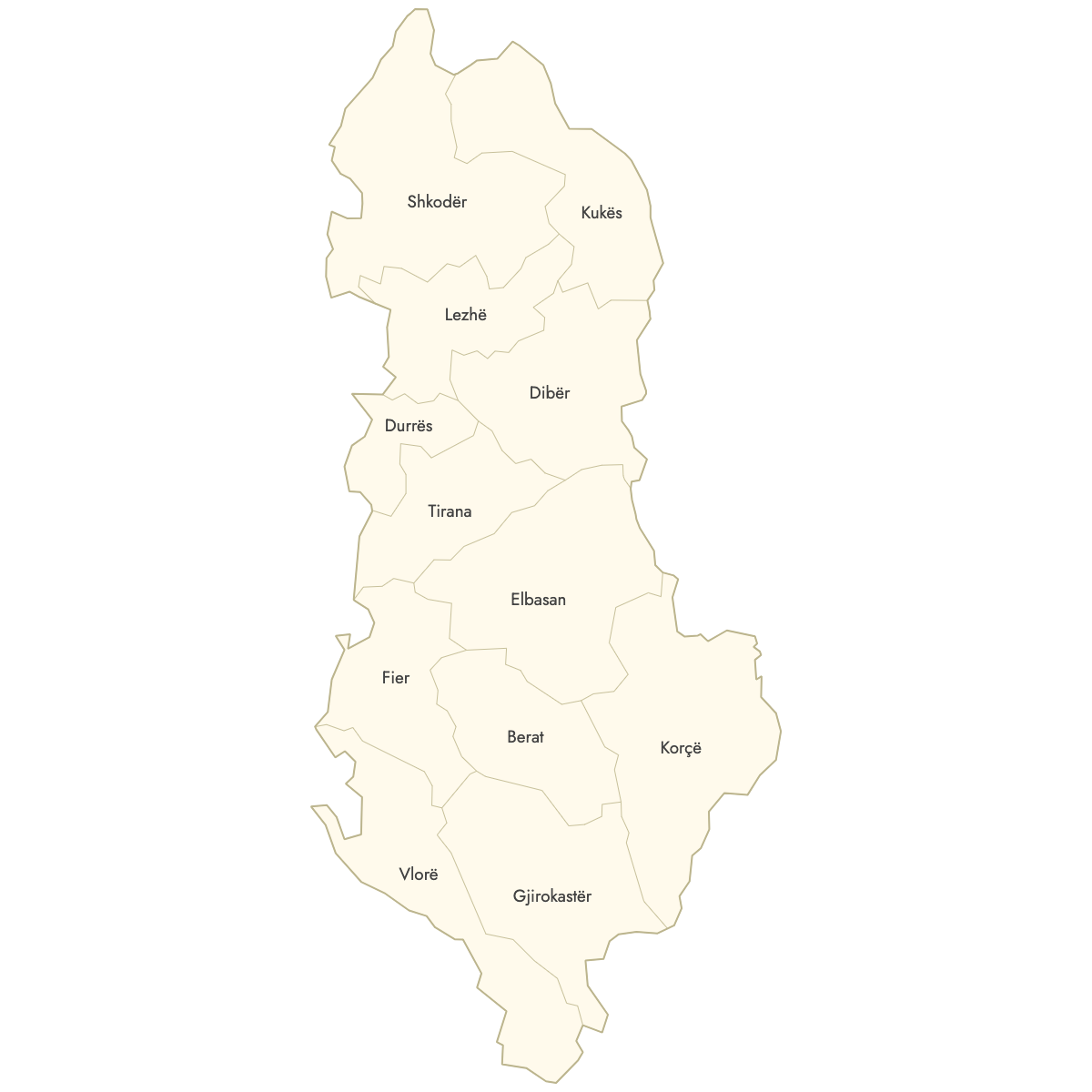 Unstyled Map of Albania Counties With Labels