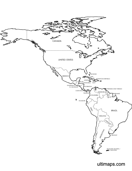 Preview of Labeled Map of Americas (Letter)