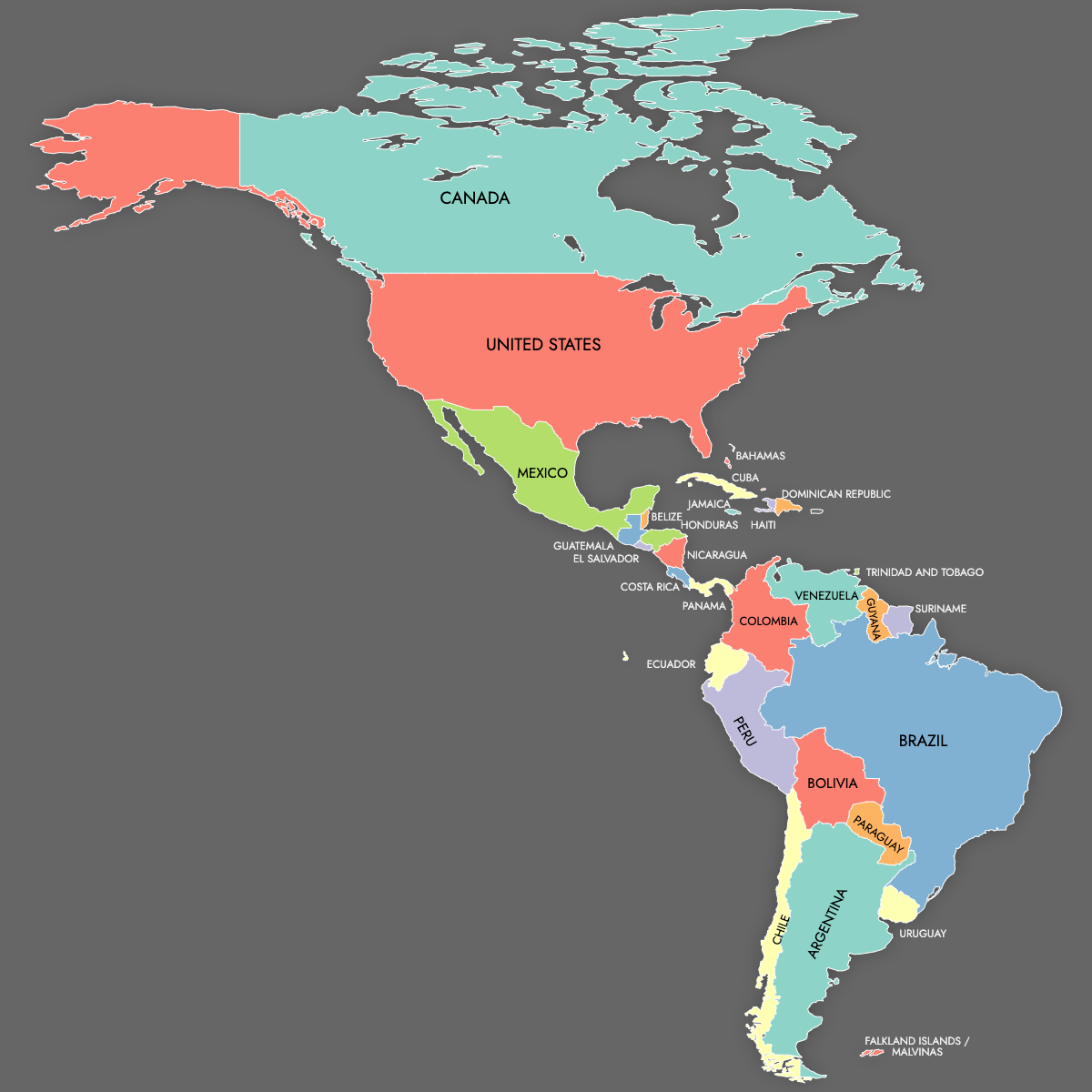 Custom Map of Americas with Labels (Dark Theme)