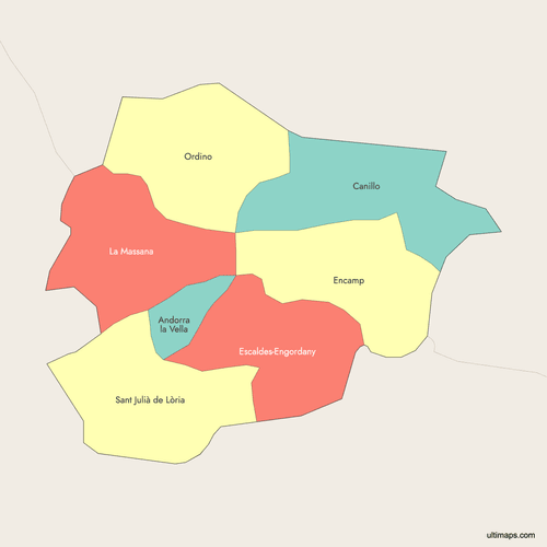 Preview of Colored Map of Andorra Parishes with Surrounding Areas