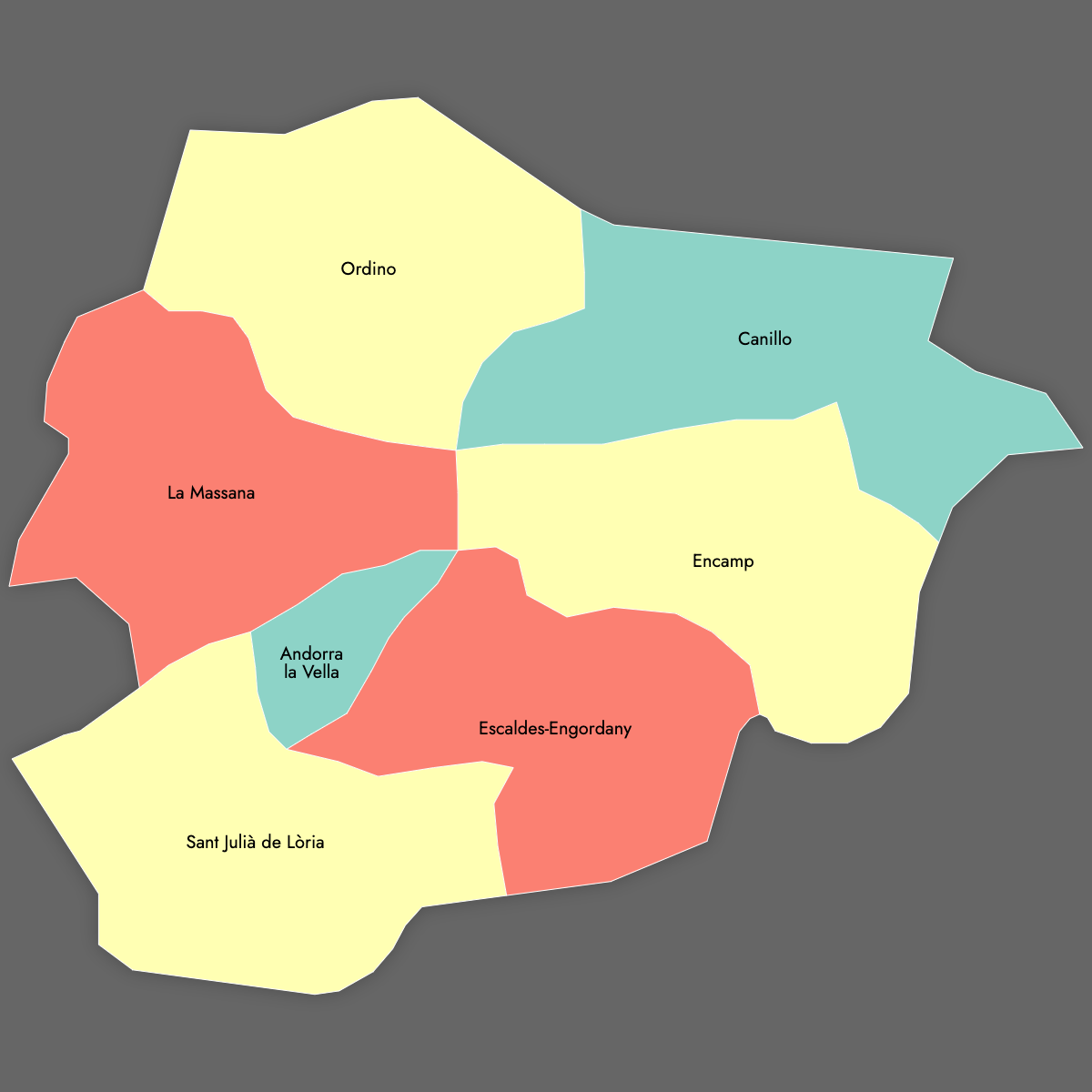 Custom Map of Andorra Parishes with Labels (Dark Theme)