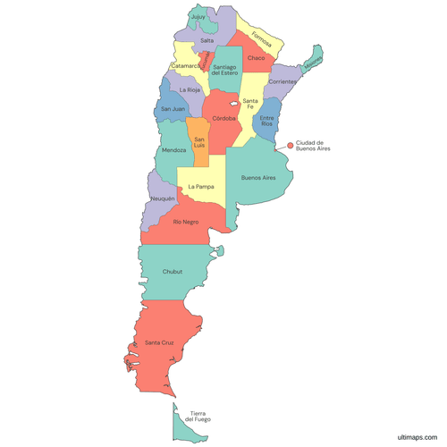 Colored Map of Argentina Provinces