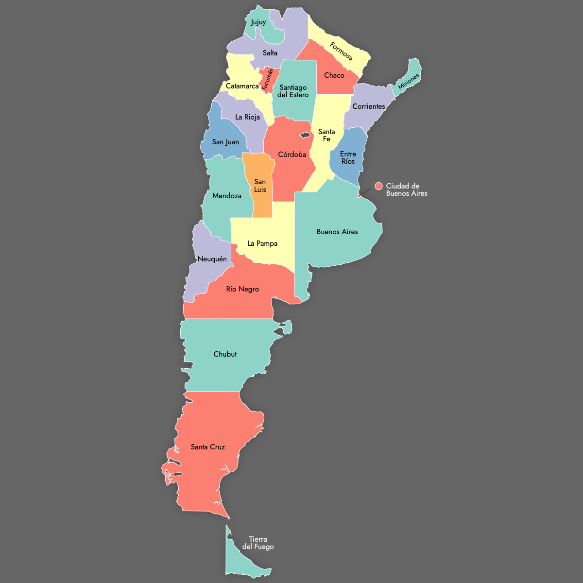 Custom Map of Argentina Provinces with Labels (Dark Theme)