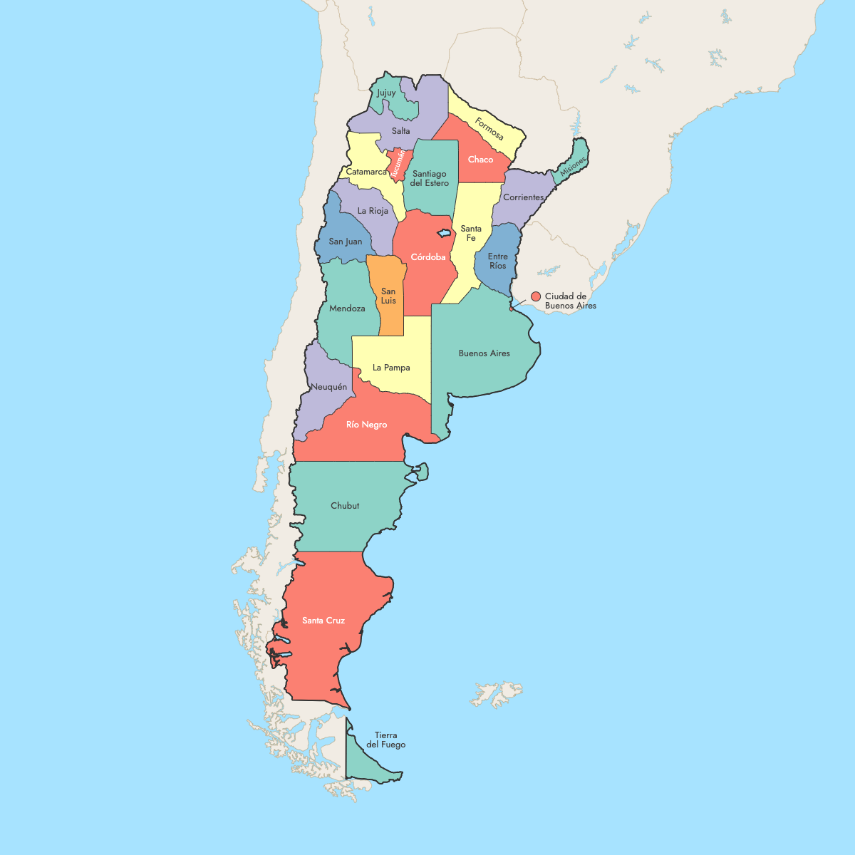 Custom Map of Argentina Provinces with Surrounding Areas