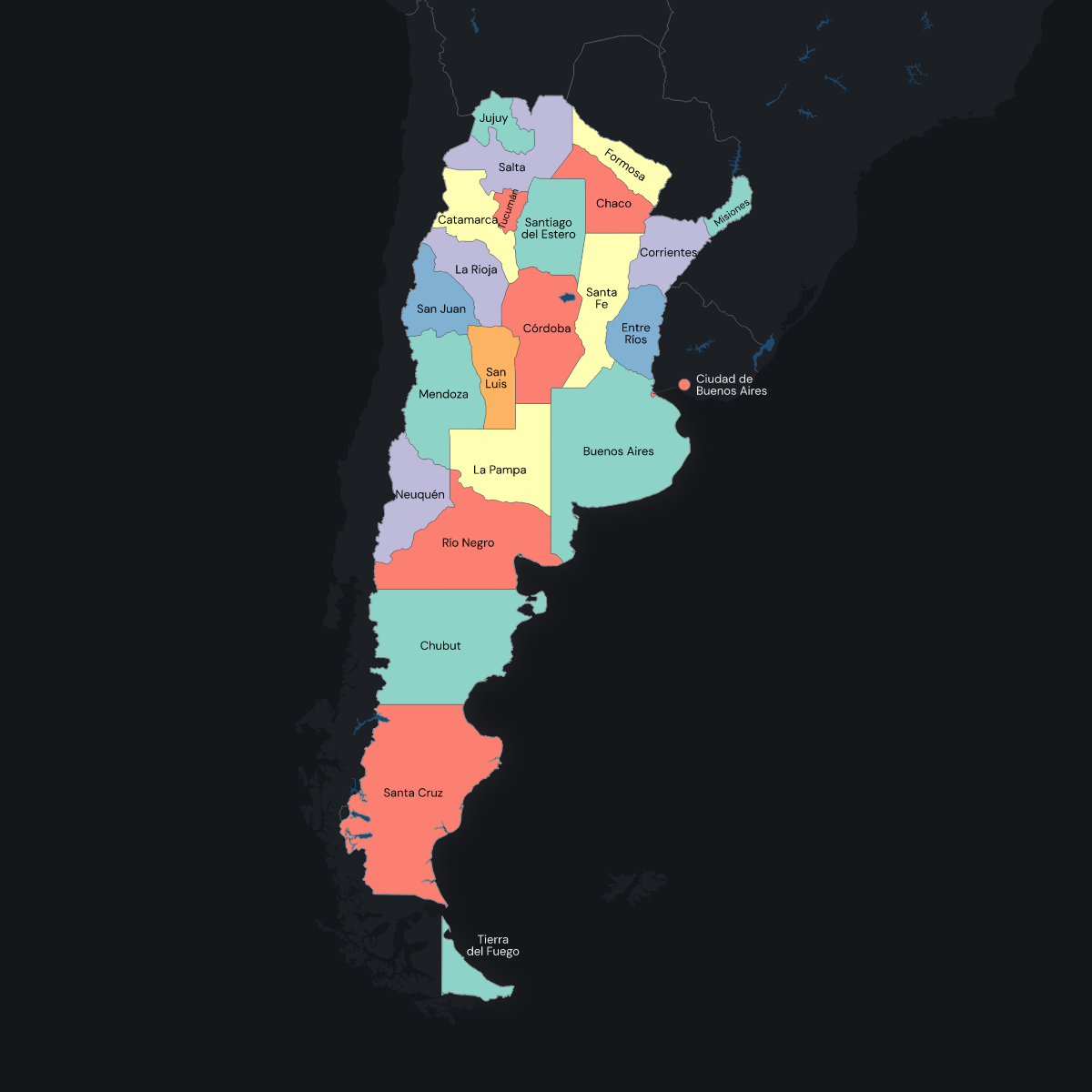 Dark themed map of Argentina with Provinces