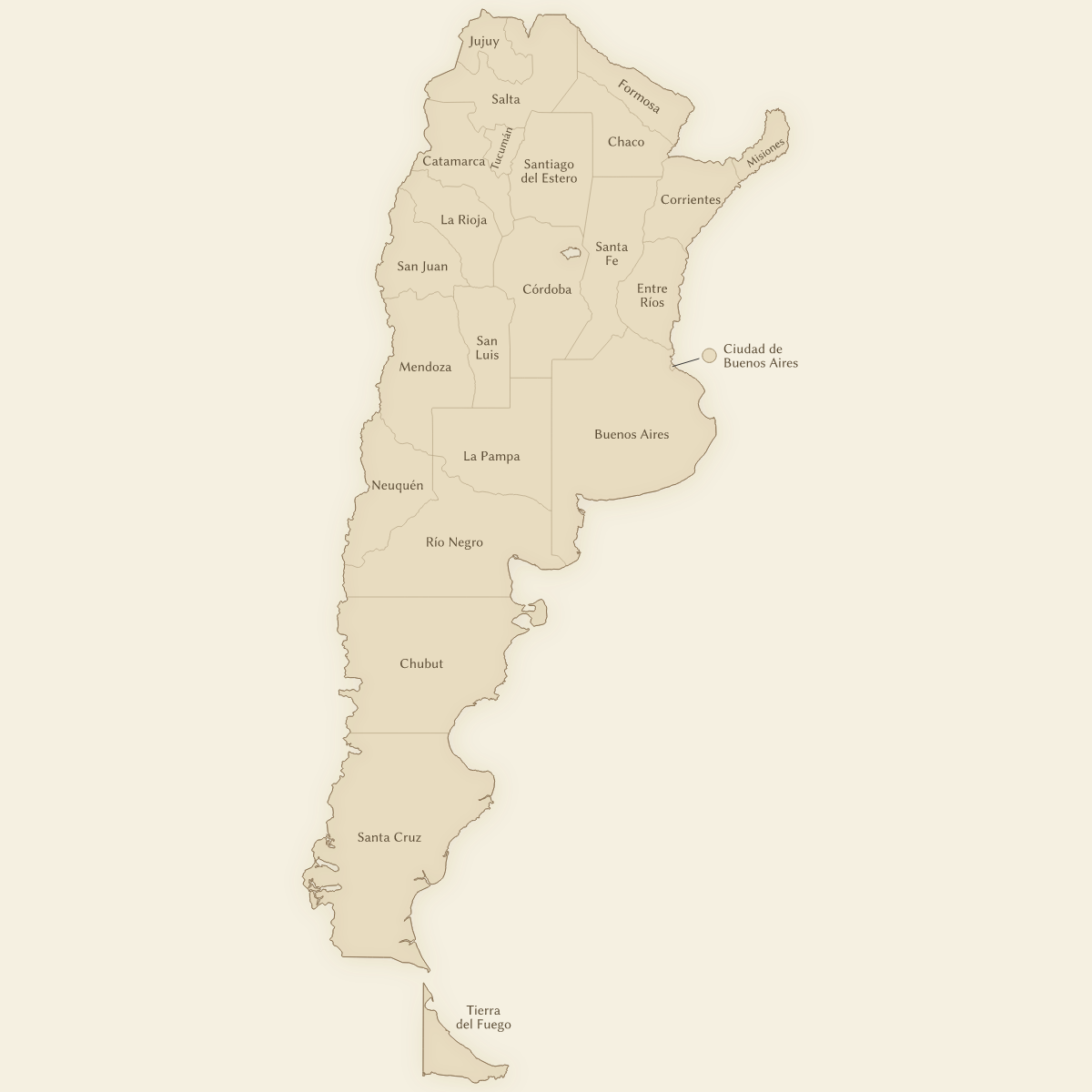 Vintage styled map of Argentina with Provinces
