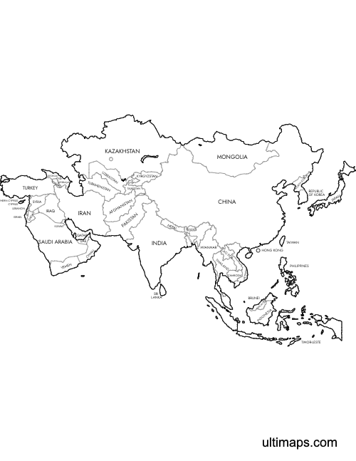 Preview of Labeled Map of Asia (Letter)