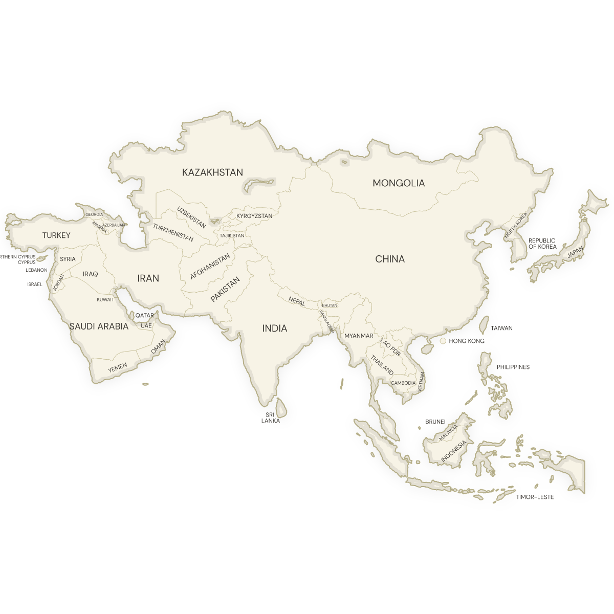 Blank map of Asia with labeled Countries