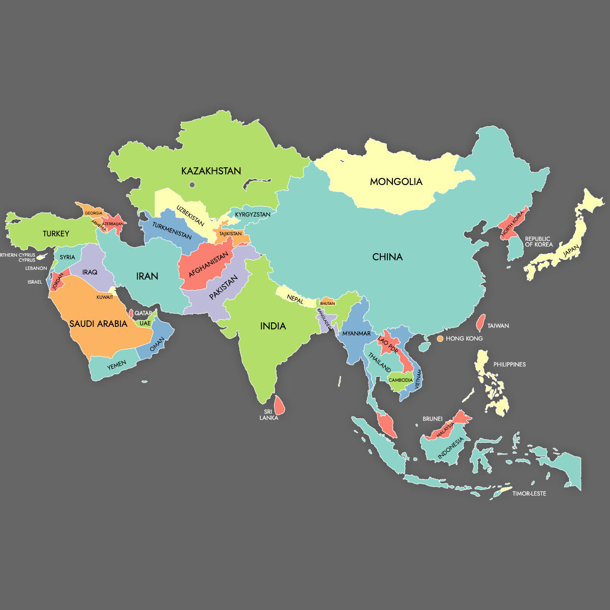 Custom Map of Asia with Labels (Dark Theme)