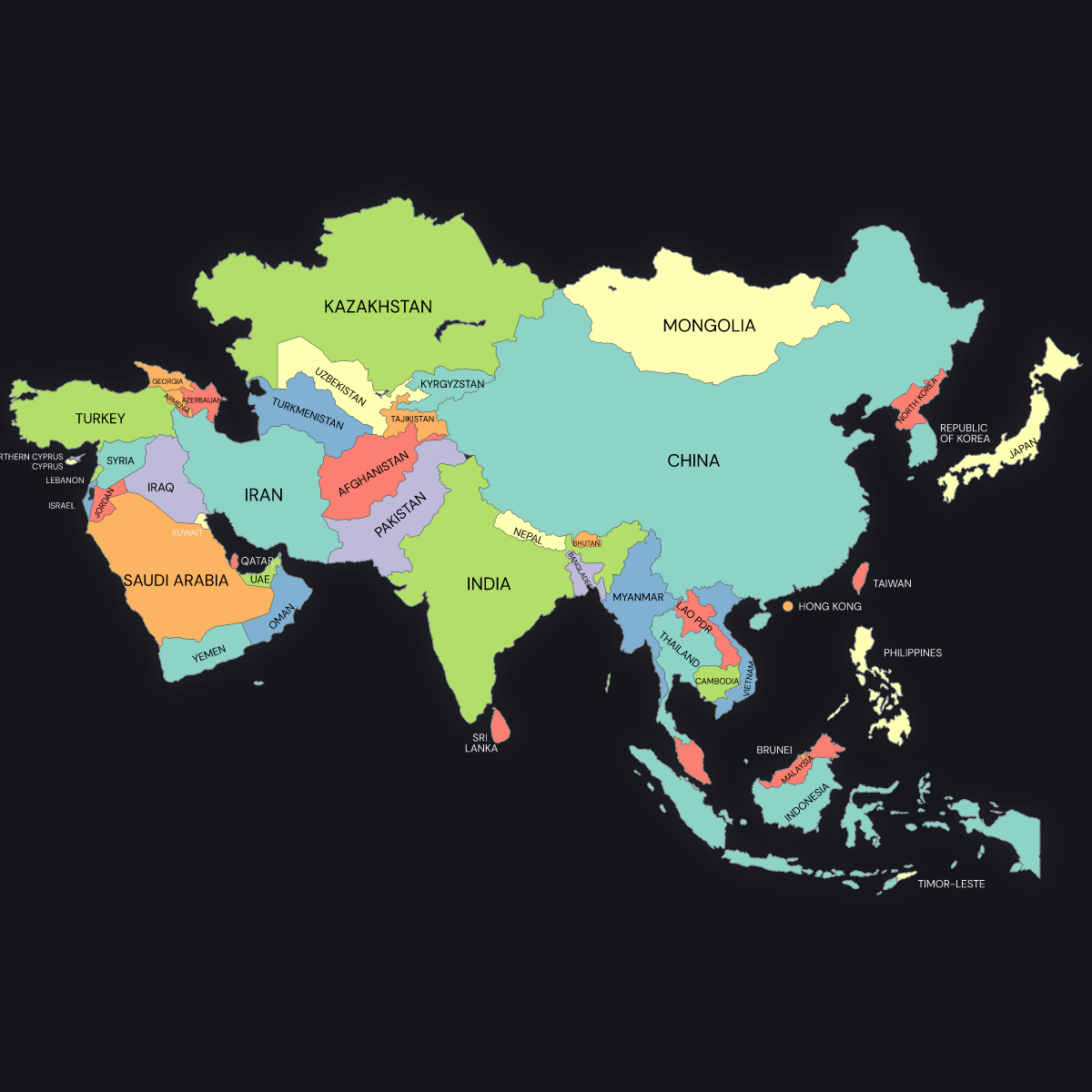 Dark themed map of Asia with Countries