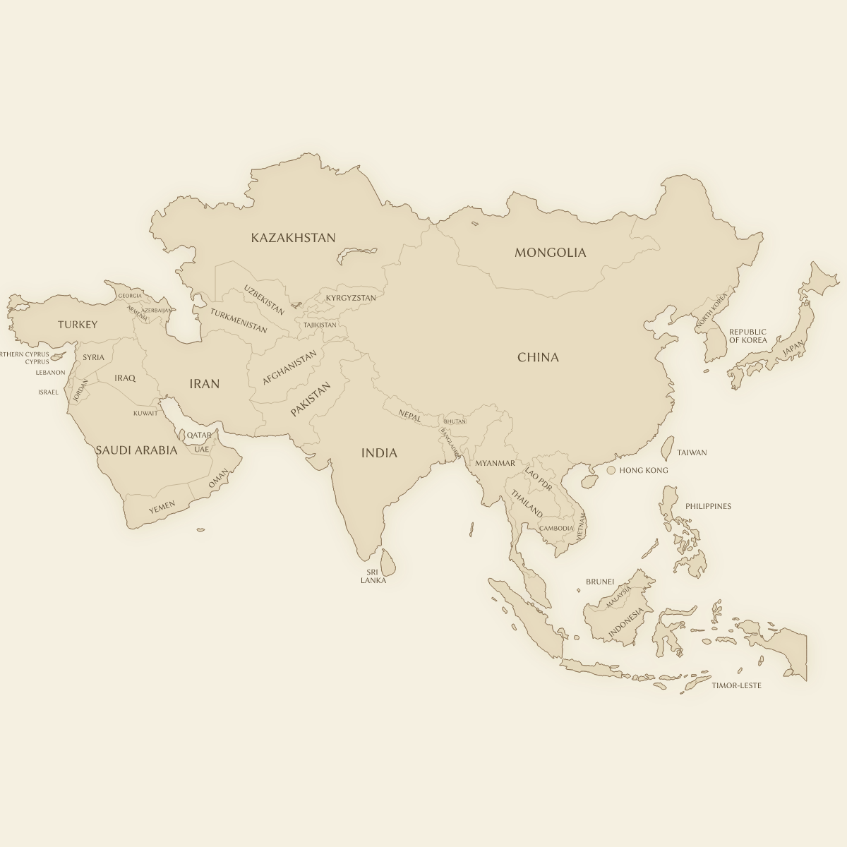 Vintage styled map of Asia with Countries