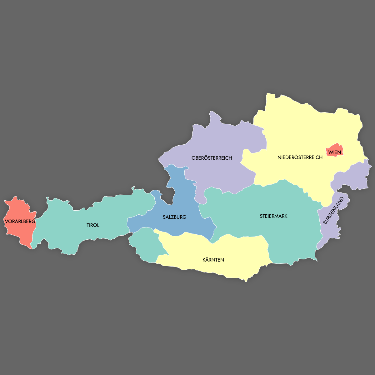 Custom Map of Austria States with Labels (Dark Theme)