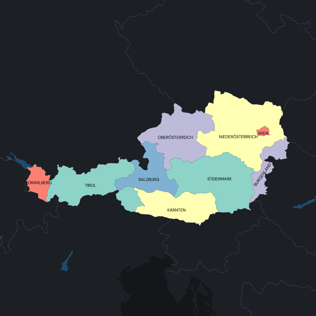 Dark themed map of Austria with States