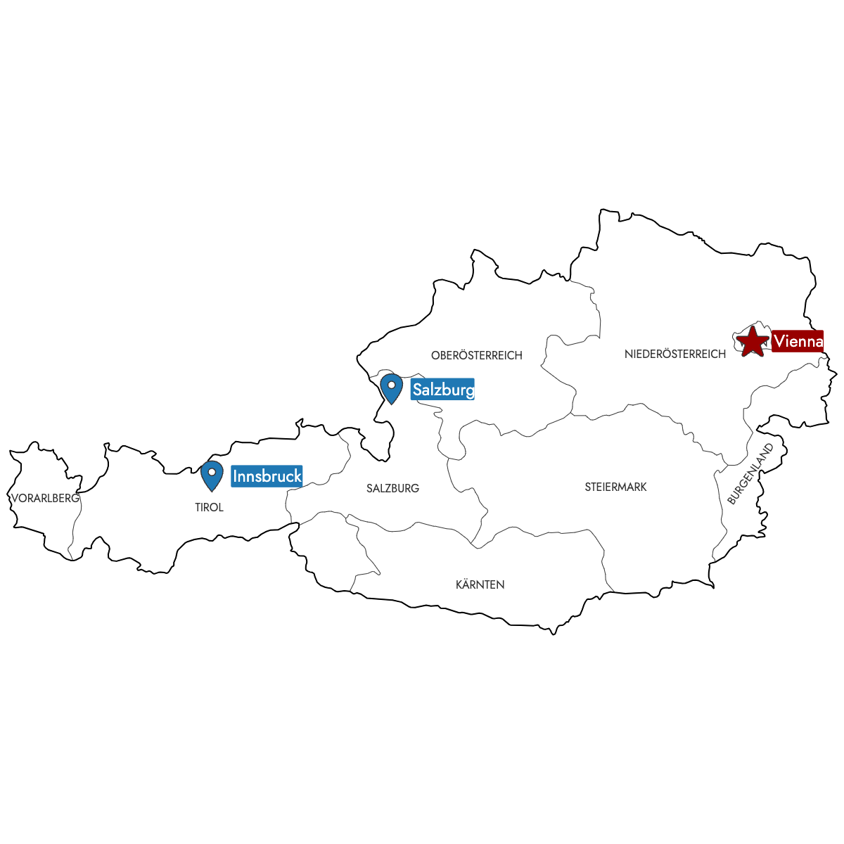 Map of Austria States with Pins