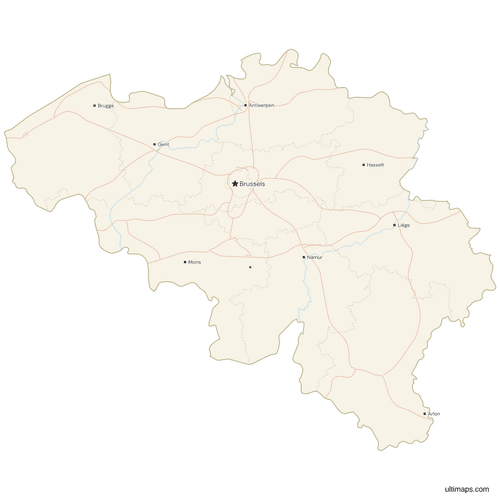 Map of Belgium with Cities and Roads