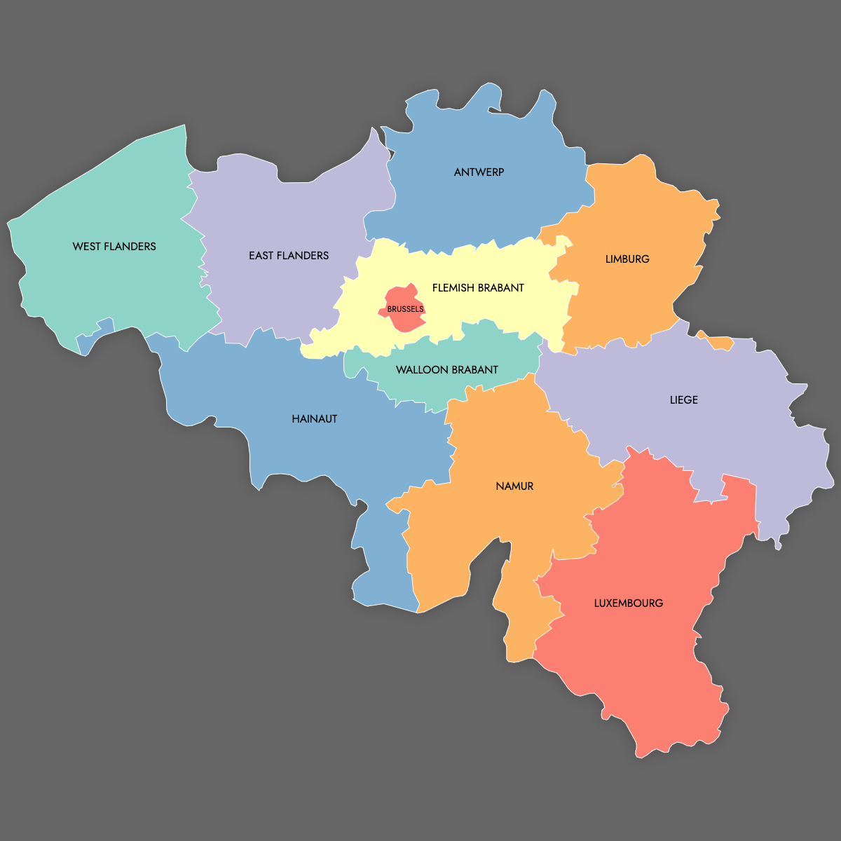 Custom Map of Belgium Provinces with Labels (Dark Theme)