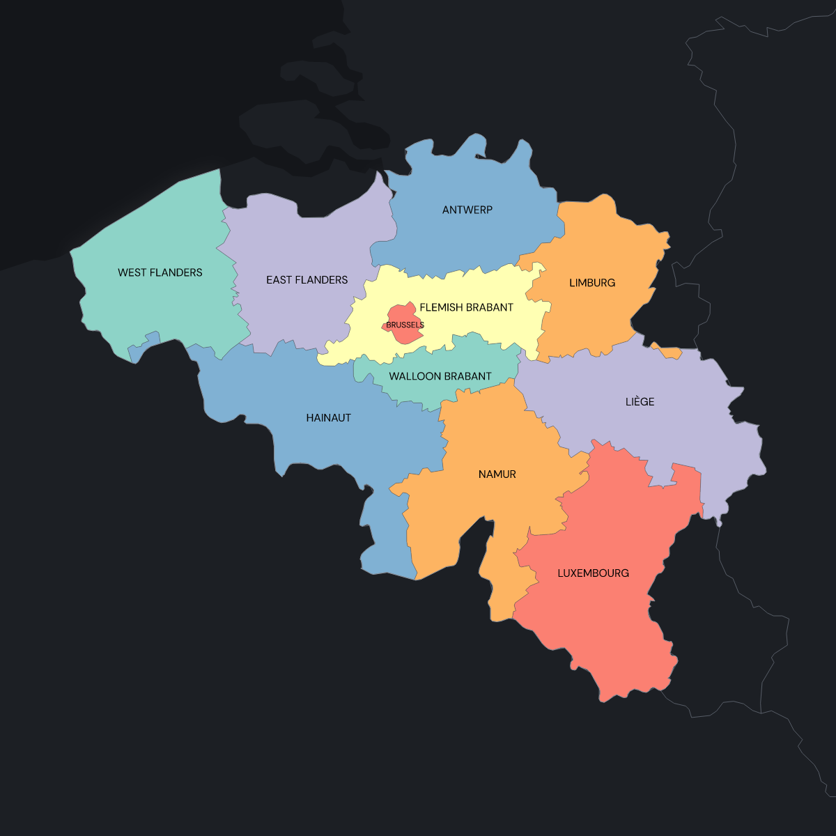 Dark themed map of Belgium with Provinces