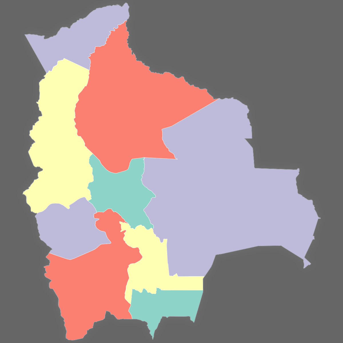 Dark themed map of Bolivia with Departments