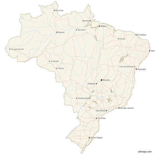 Map of Brazil with Cities and Roads