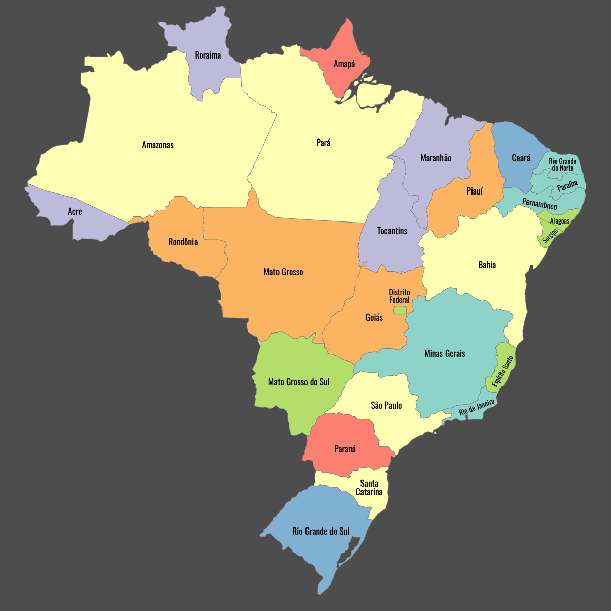 Colored Map of Brazil States with Labels (Dark Theme)