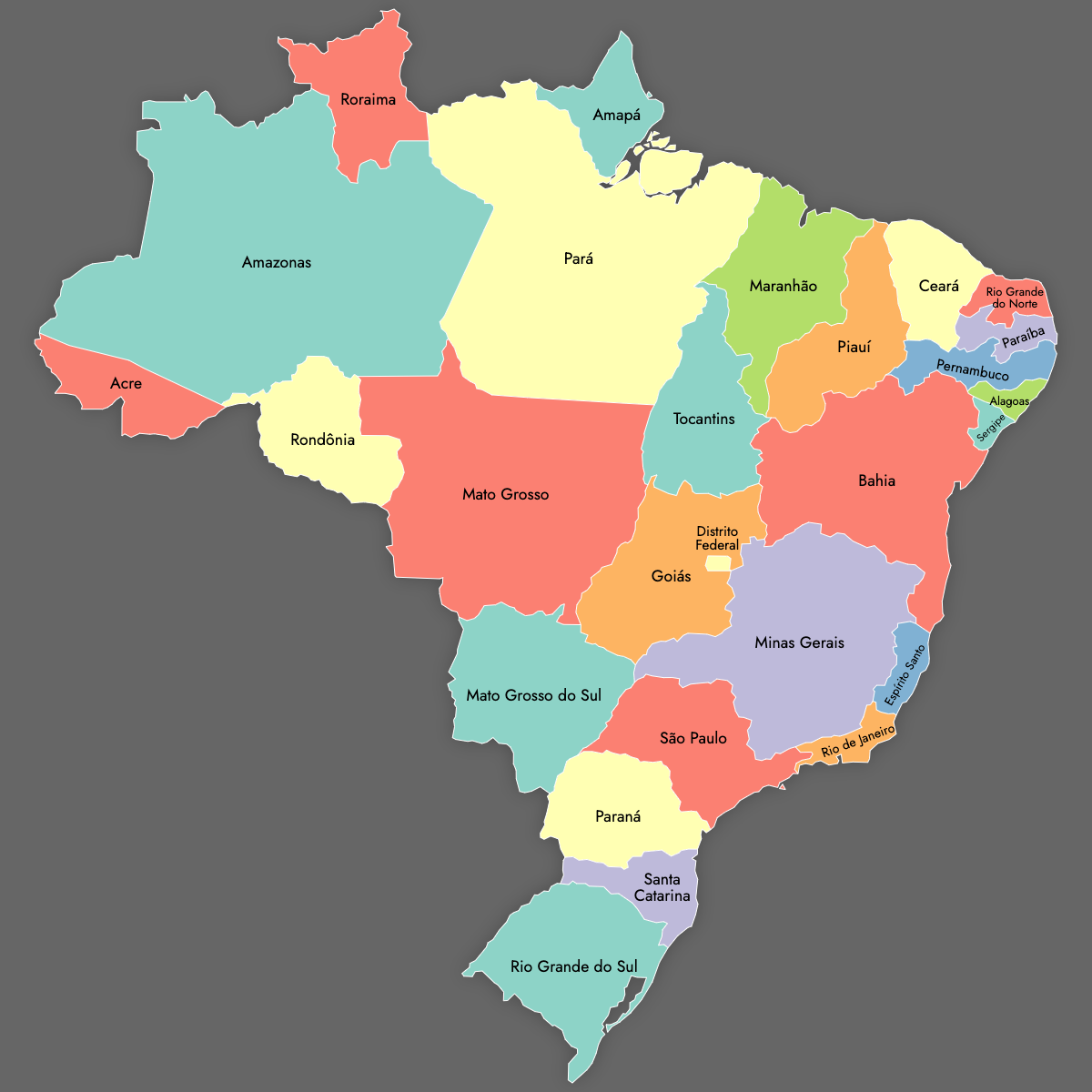 Custom Map of Brazil States with Labels (Dark Theme)