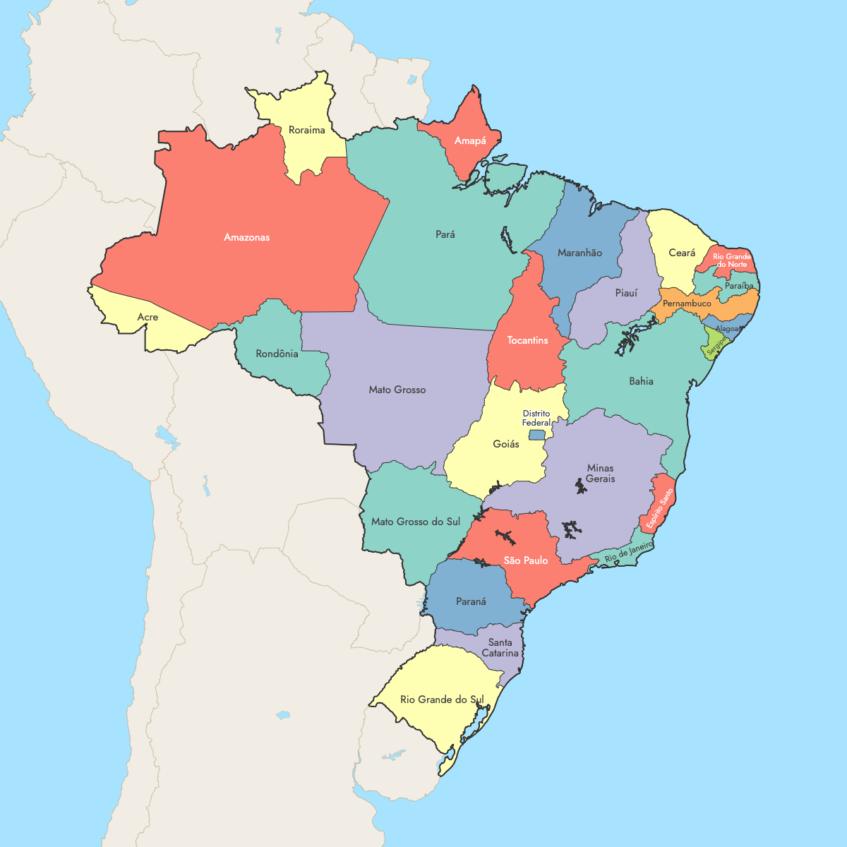 Custom Map of Brazil States with Surrounding Areas