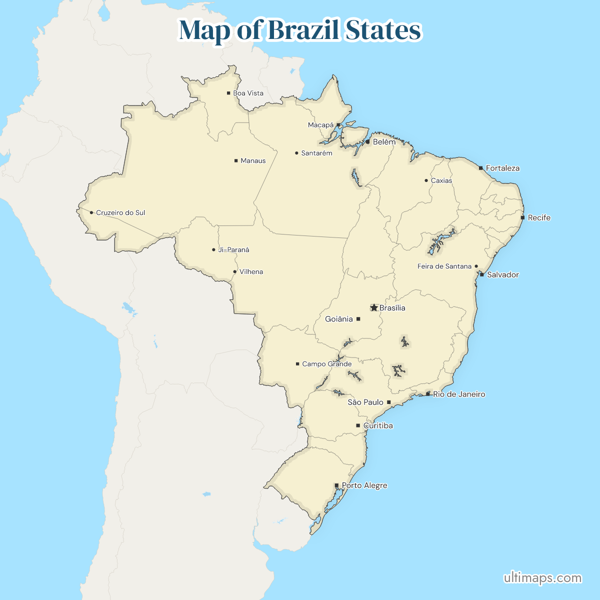 Map of Brazil States showing region borders
