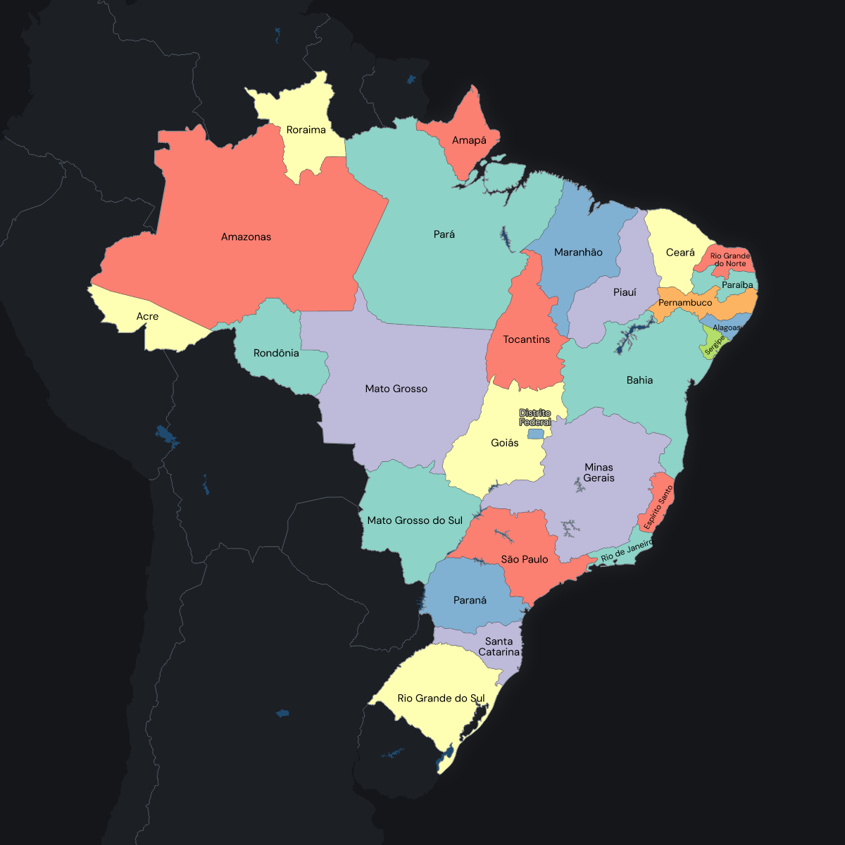Dark themed map of Brazil with States
