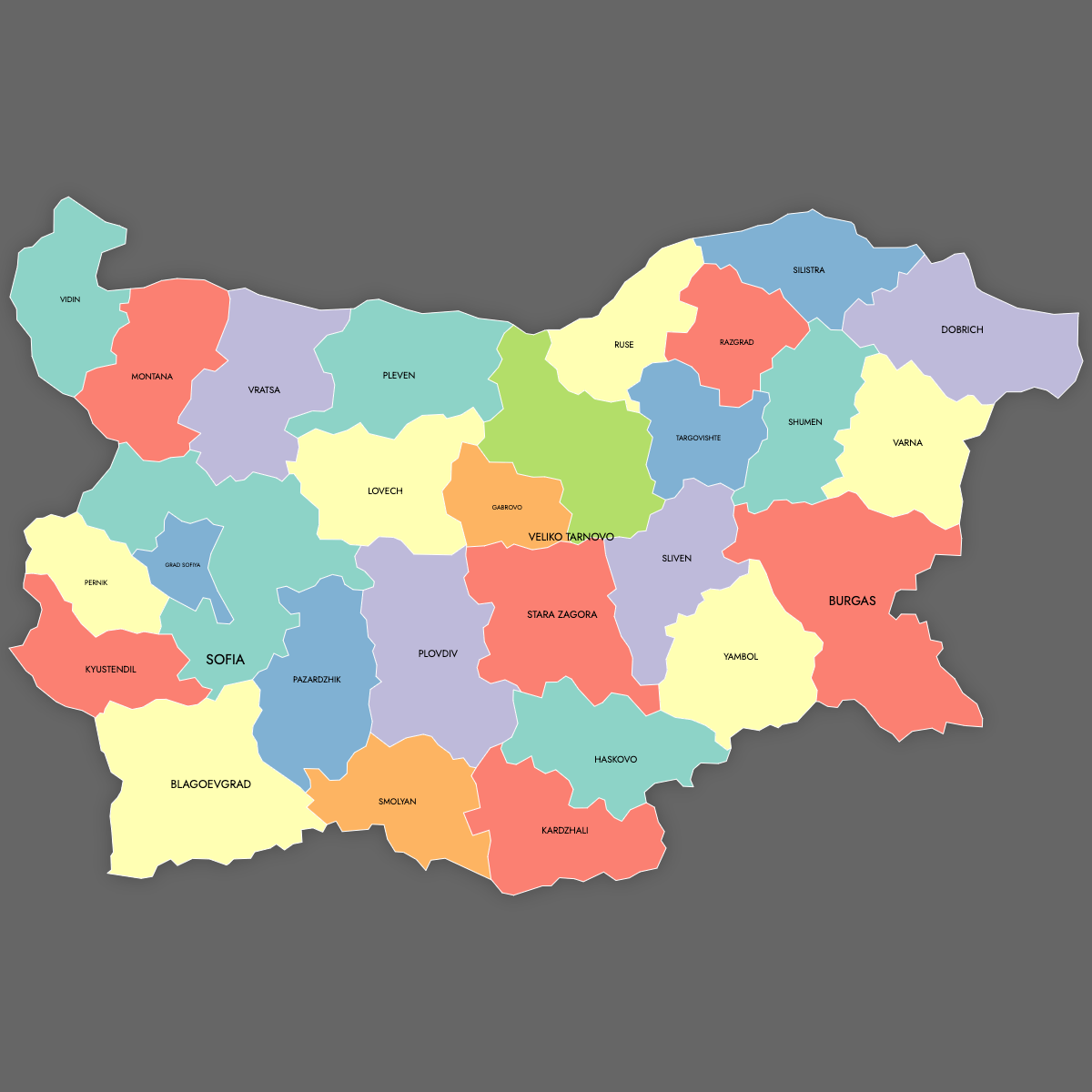Custom Map of Bulgaria — Provinces with Labels (Dark Theme)