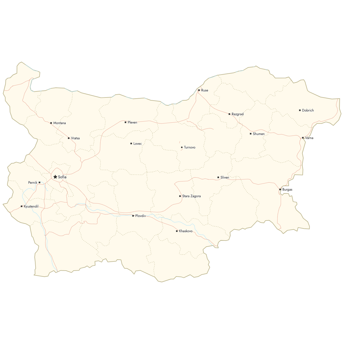 Custom Map of Bulgaria — Provinces with Cities