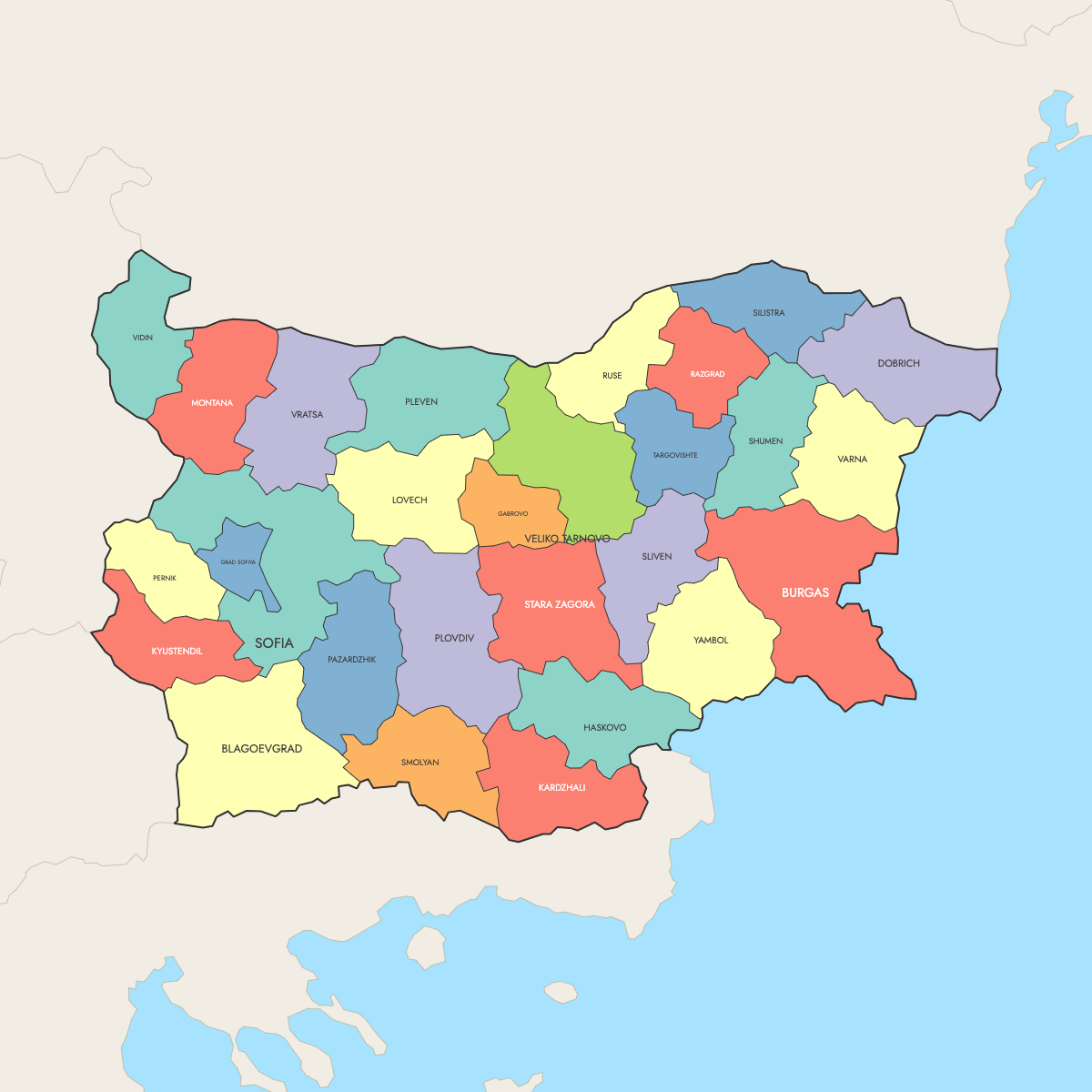 Custom Map of Bulgaria — Provinces with Surrounding Areas