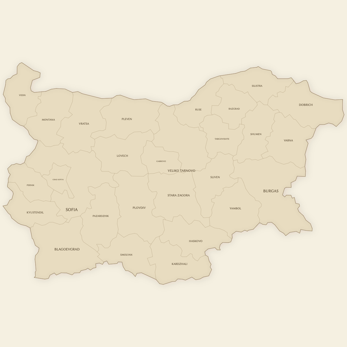 Styled Map of Bulgaria — Provinces (Vintage Theme)