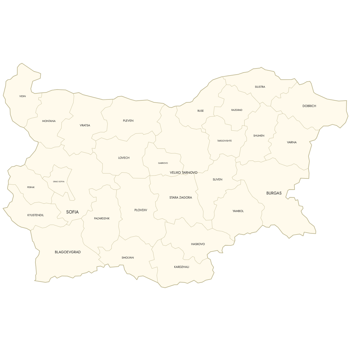 Unstyled Map of Bulgaria — Provinces With Labels