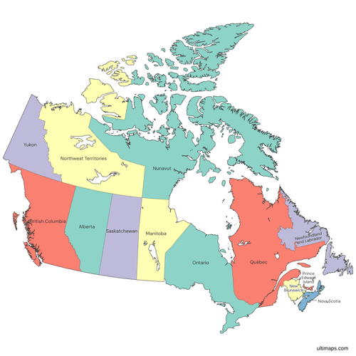 Colored Map of Canada Provinces and Territories