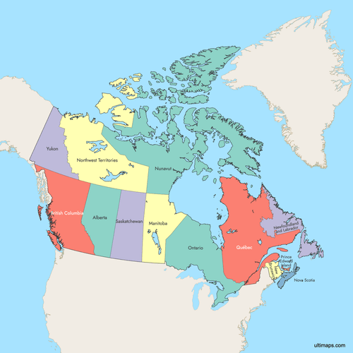 Preview of Colored Map of Canada Provinces with Surrounding Areas