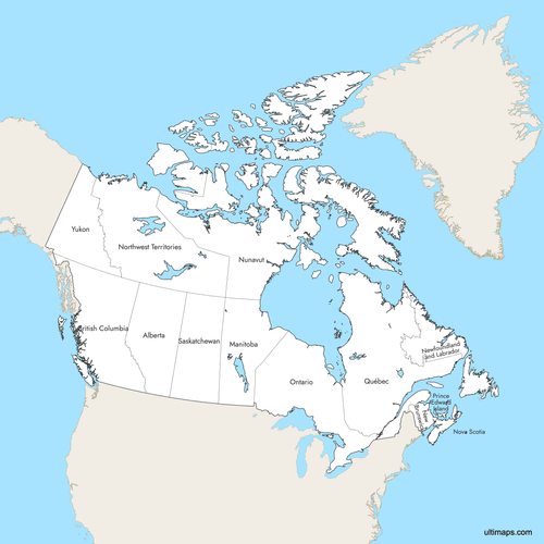 Preview of Labeled Map of Canada Provinces with Surrounding Areas