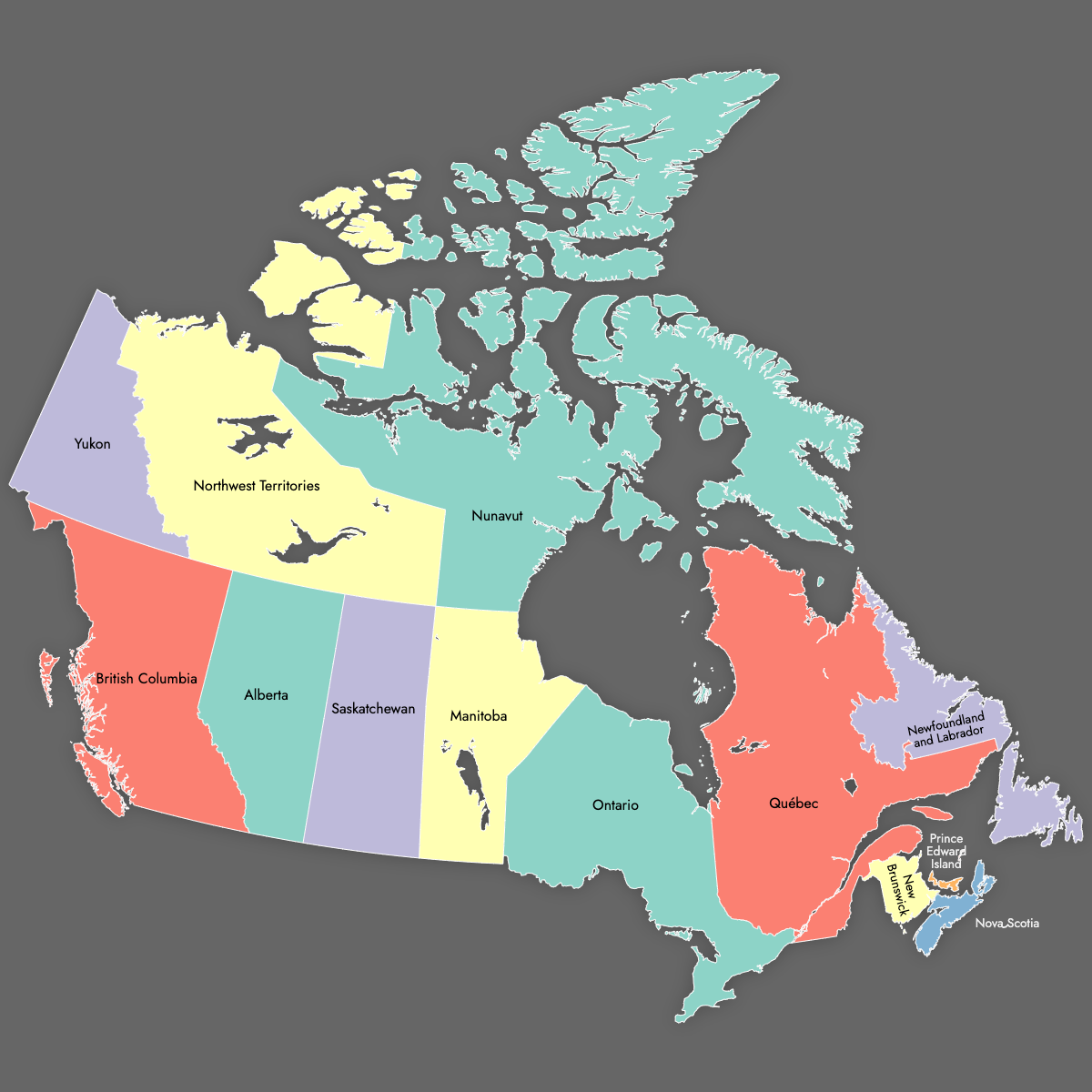 Custom Map of Canada Provinces with Labels (Dark Theme)