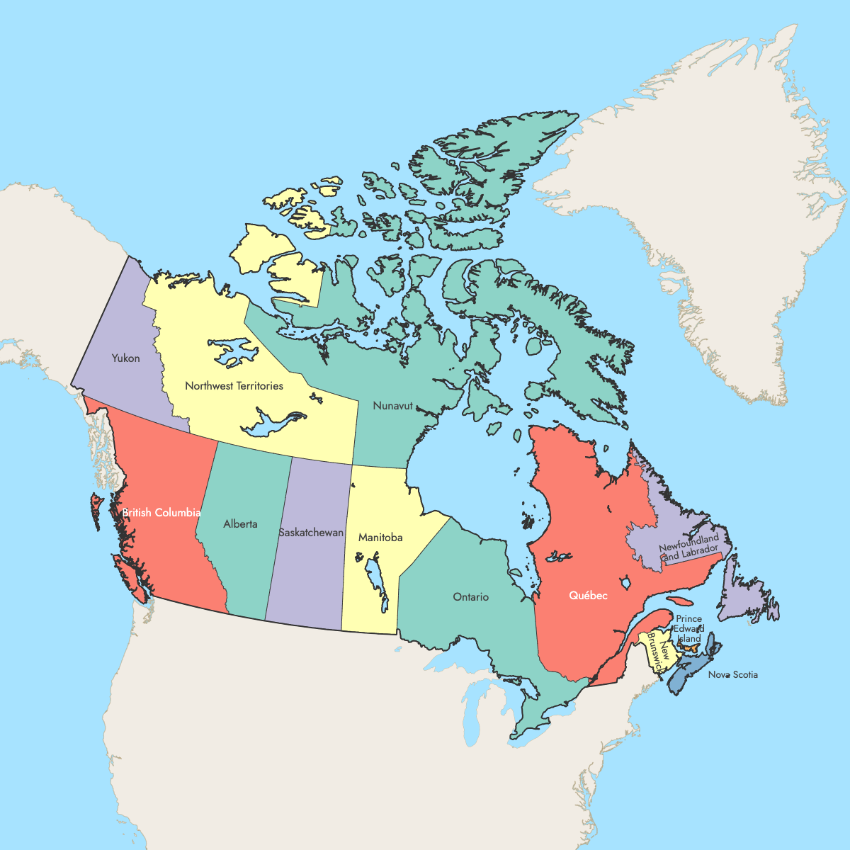 Custom Map of Canada Provinces with Surrounding Areas