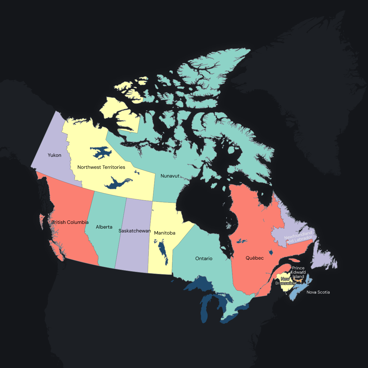 Dark themed map of Canada with Provinces
