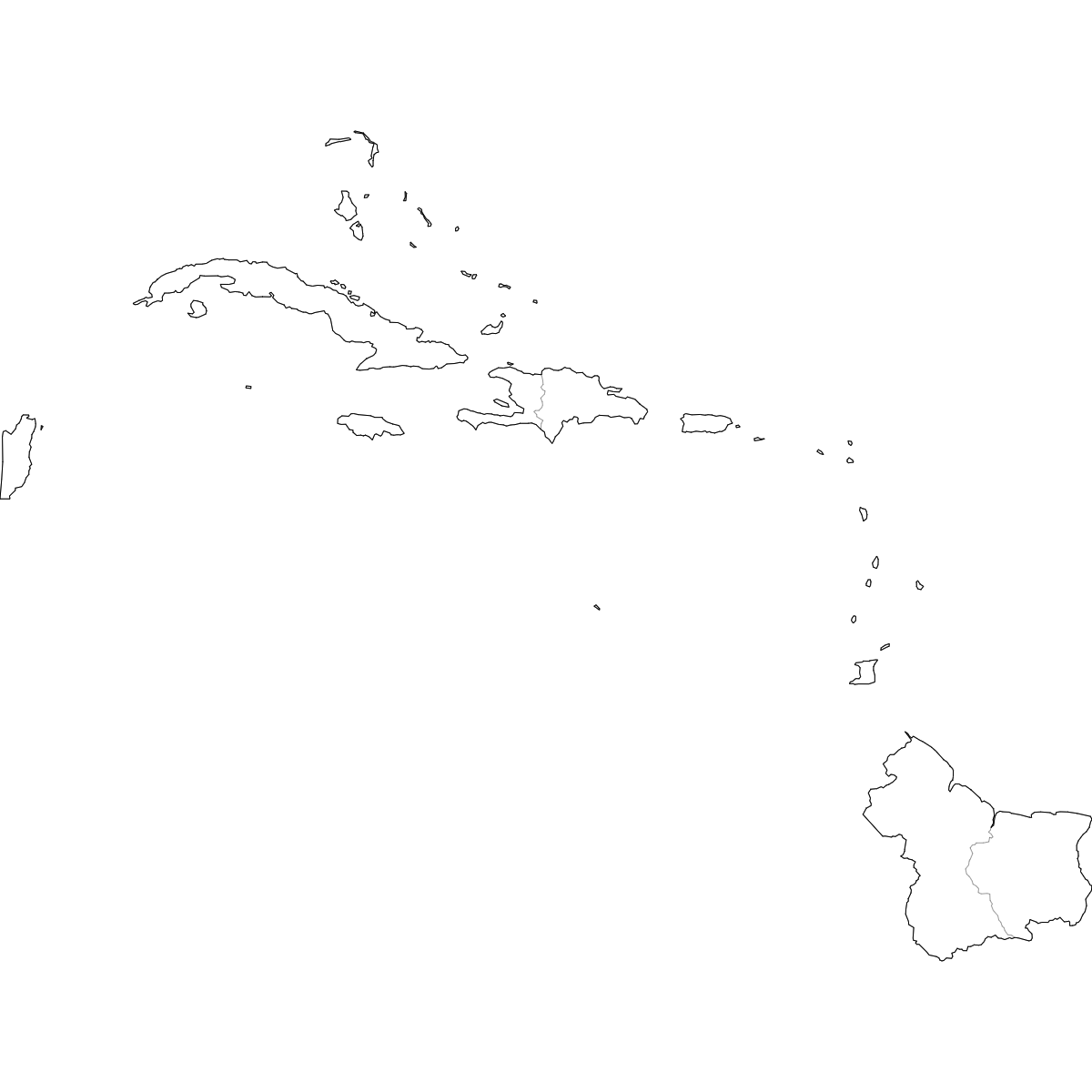 Blank outline map of Caribbean showing country borders