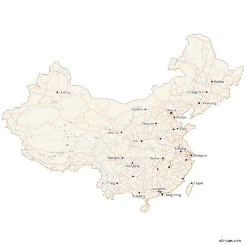 Map of China with Cities and Roads