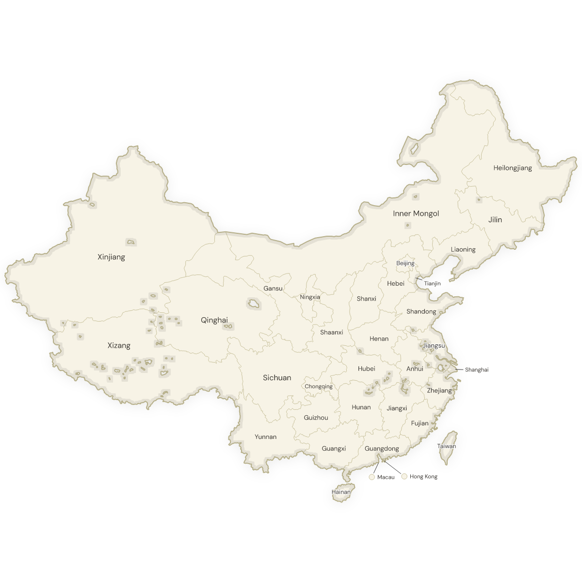 Blank map of China with labeled Provinces