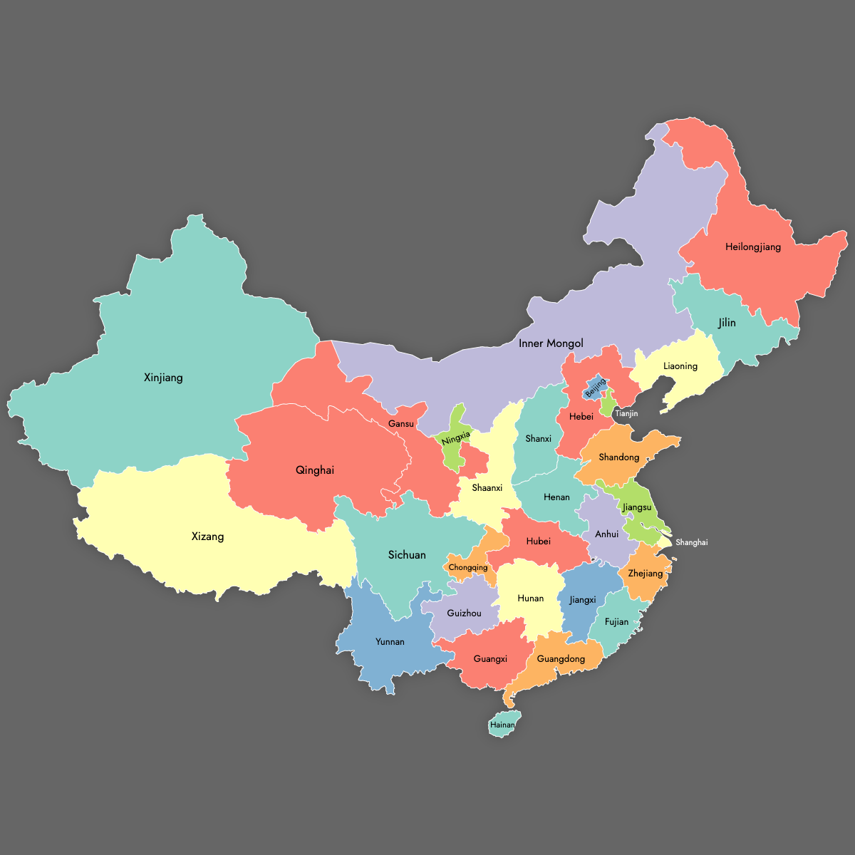 Custom Map of China Provinces with Labels (Dark Theme)