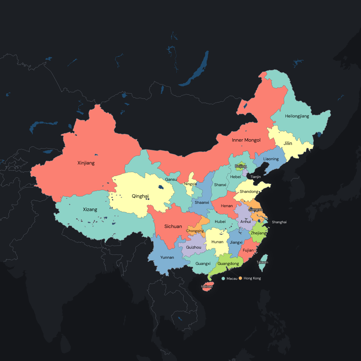 Dark themed map of China with Provinces