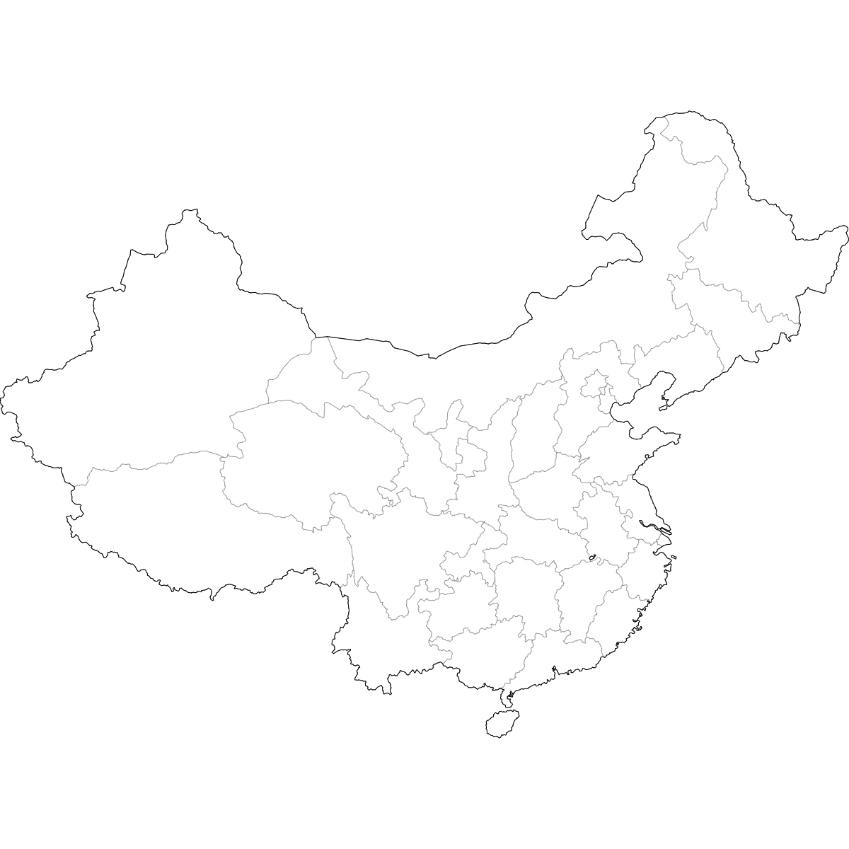 Blank outline map of China showing region borders